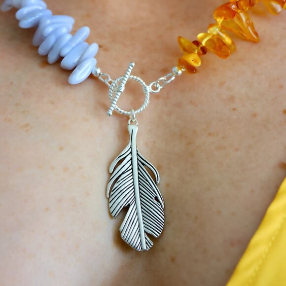 Amber & Agate Feather Pendant Necklace - Picture 4 of 10